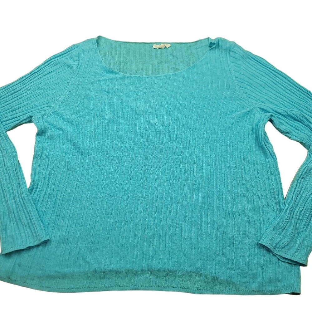Eileen Fisher‎ Womens L Sweater Turquoise Long Sleeve Organic Linen Tunic